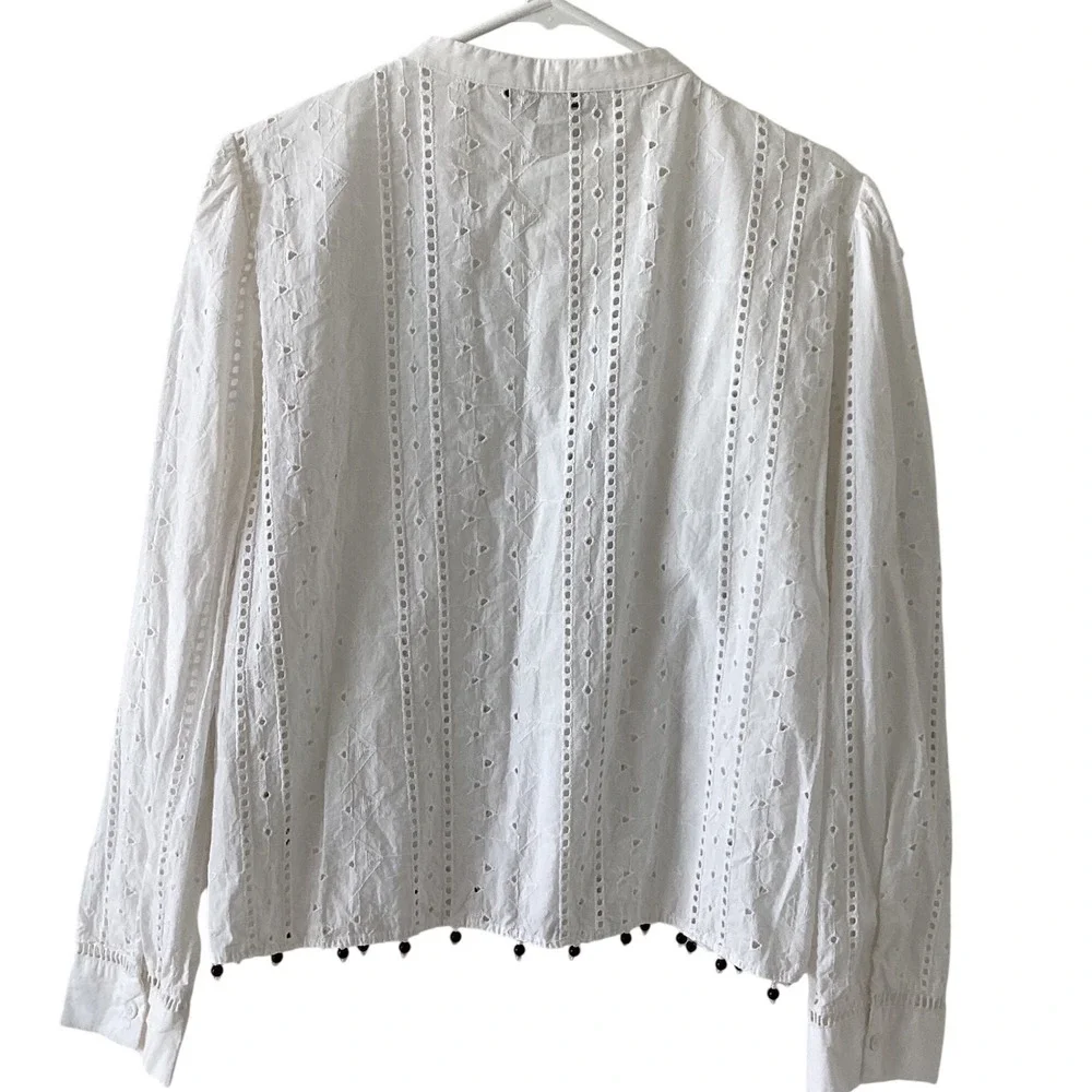 ZARA White Eyelet Embroidered Button Up Long Sleeve Blouse with Pom Poms Size Lg